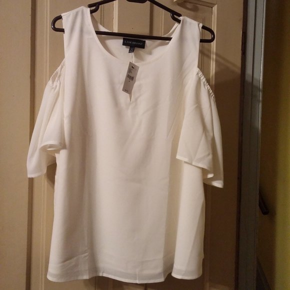 Lane Bryant Shoulderless Short Sleeve Blouse White Polyester Keyhole Top Size 18 - Picture 6 of 10